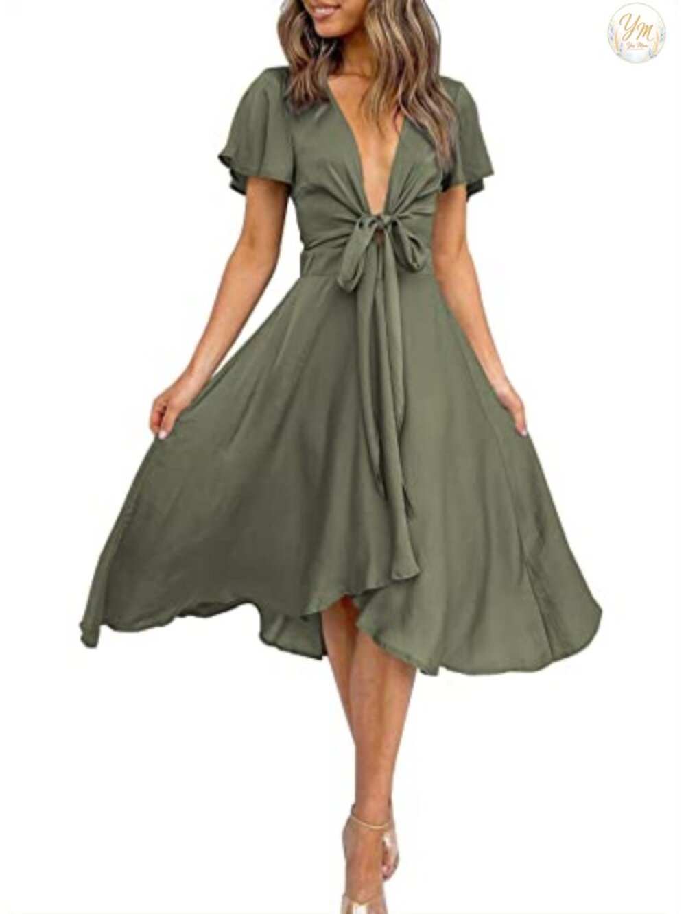 Womens Satin V Neck Ruffle Short Sleeve Tie Front High Waist Midi A-Line Dress